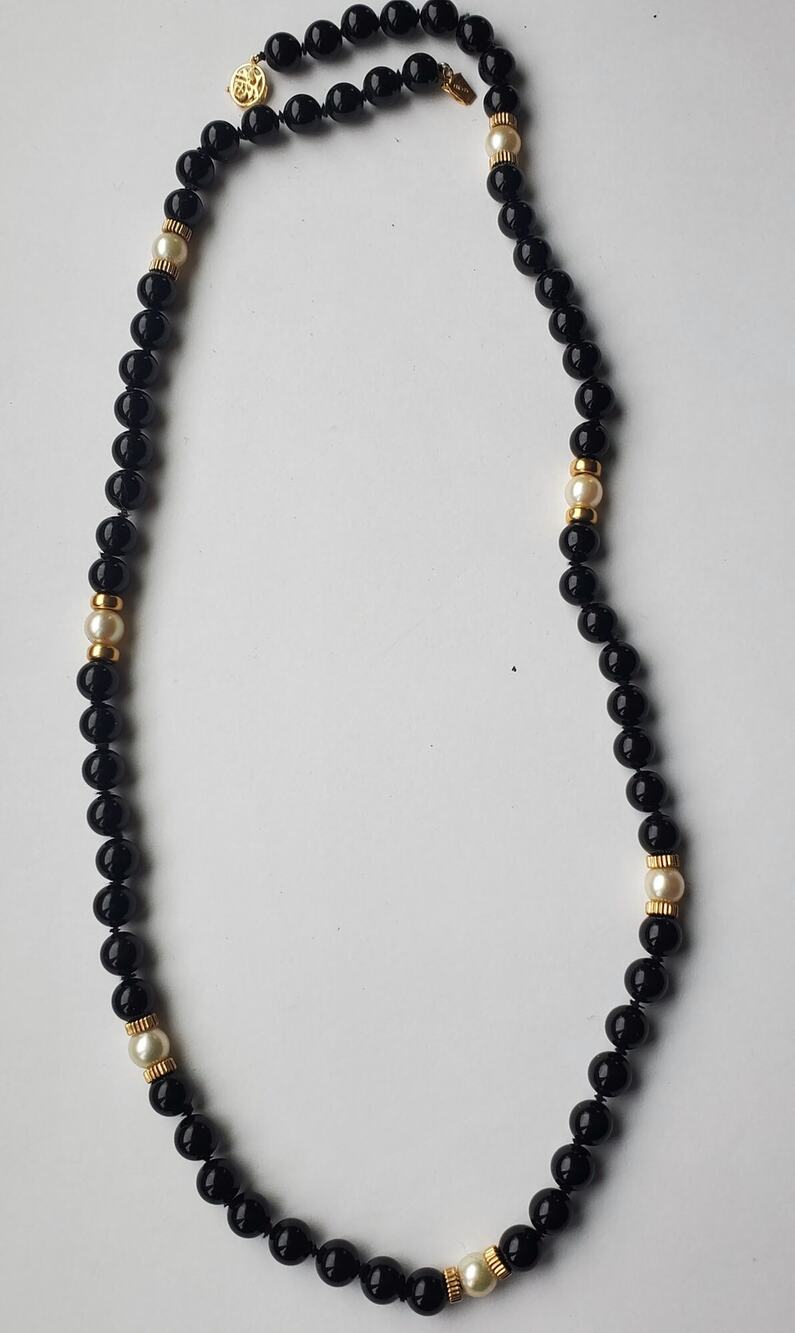 Vintage Black Onyx Pearl & 14k Bead Clasp Hand Knotted Necklace 26"